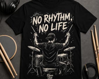 Geen ritme geen leven shirt drummer, grappig drummen grafisch T-shirt, T-shirt drumclub muziekliefhebber, tshirt rockband percussie, cadeau muzikant