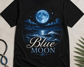 Blue Moon Ocean T-shirt, Moonlight Wave nautisch T-shirt, Sterrennacht kust grafische tshirt, dromerige zee esthetische top, strandliefhebber uniseks cadeau