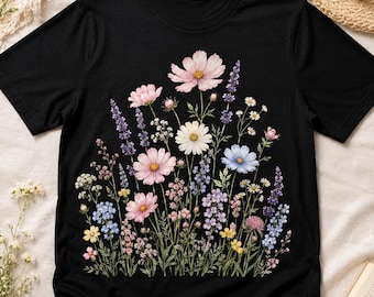 T-shirt Wildflower Botanical, T-shirt Pastel Daisy Lavender Meadow, Cottagecore Bloemen Grafisch T-shirt, Top Nature Garden, Cadeau plantenliefhebber