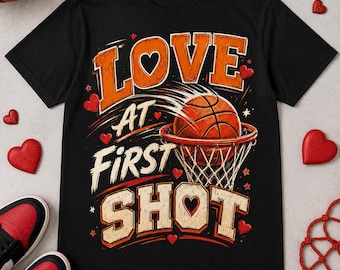 Basketbalt-shirt liefde op het eerste schot, grappig cadeau basketballiefhebber, sportroman grafisch T-shirt, schattig fanshirt met hoepel