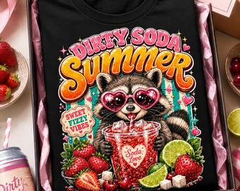 Zomer T-shirt Dusty Soda, grappig wasbeer zomervakantiecadeau, retro grafisch T-shirt aardbeidrank, schattig strandshirt