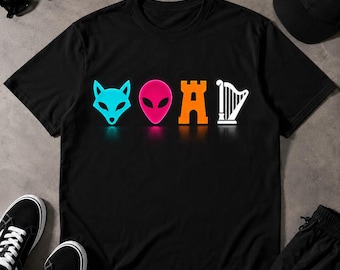 Sporenshirt, neon vos alien kasteelharp T-shirt, kleurrijk mystic symbool T-shirt, surrealistische fantasie grafische tshirt, eigenzinnige uniseks verjaardagscadeau