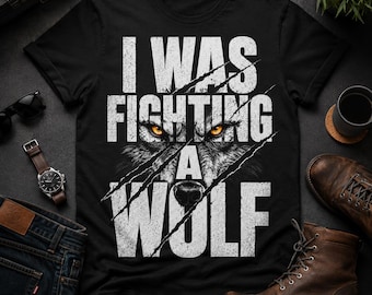 I Was Fighting A Wolf T-shirt, grappig Alpha Quote T-shirt, felle donkere grafische top, uniseks t-shirt met wilde dierenprint, cool shirt met sarcastische humor