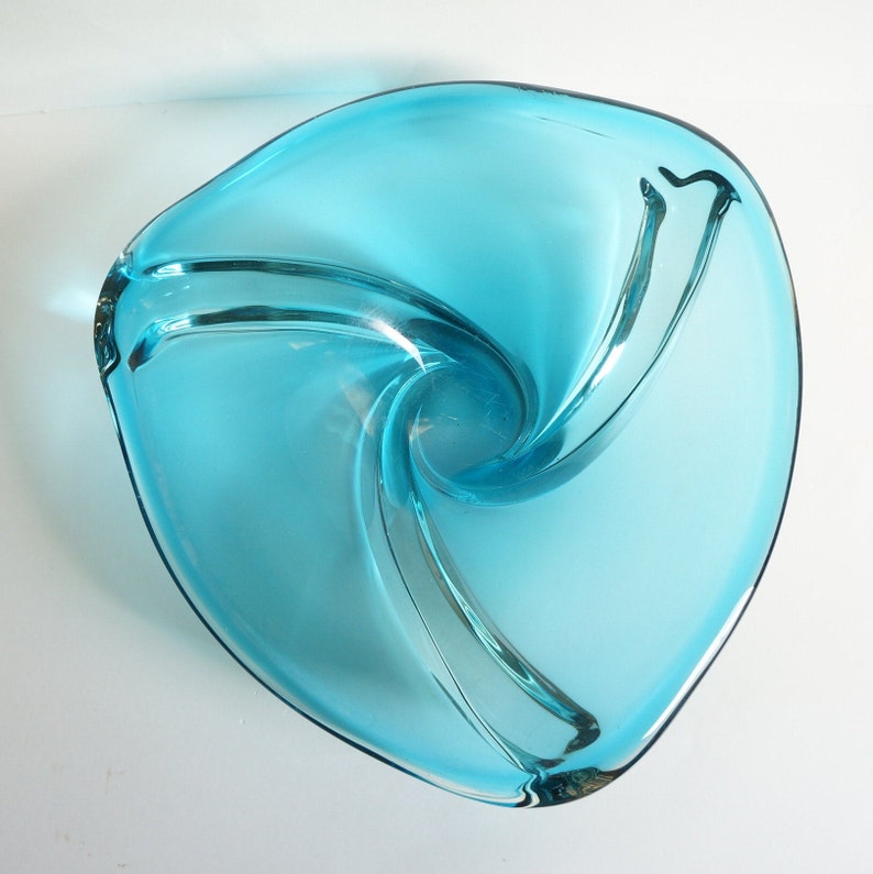 CHALET Blue Glass Centerpiece Swirl Bowl, Ultra Rare Signed Chalet Mid