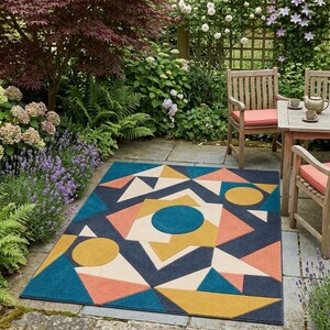 Modern Geometric Abstract Hand Tufted Wool Rug | Contemporary Circle & Triangle Area Rug | Color Block Living Room Carpet