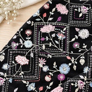 Black Floral Embroidered Fabric, Polyester Sewing Material for Quilting, Dresses and DIY Crafts (1/2 Yard)