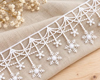 Op de afbeelding: Een witte kanten rand met een delicate kralen geschulpte rand en hangende sneeuwvlokmotieven. De rand is geconstrueerd met een fijn draadpatroon dat een herhalend geometrisch ontwerp creëert, met ingewikkelde sneeuwvlokvormen.