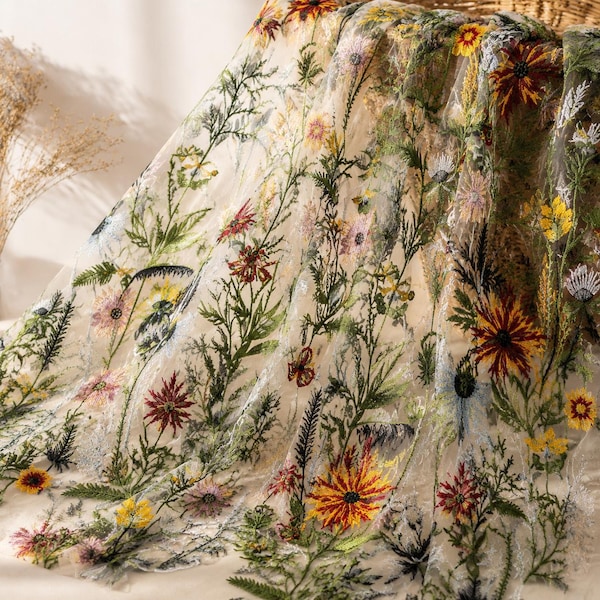 Boho Wildflower Embroidered Tulle Fabric by the Yard, Gothic Floral Lace Sewing Material (1/2 Yard)