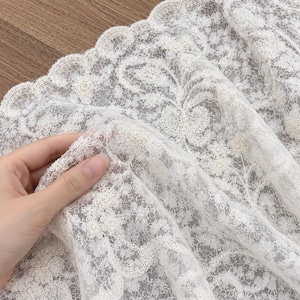 Floral Embroidered Tulle Fabric by the Yard, Soft Polyester Lace Sewing Material, Delicate Flower Mesh Textile(1/2 Yard)