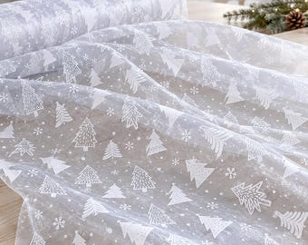 Christmas Sheer Polyester Fabric, Christmas Tree Print for Holiday Decor and Sewing (1/2 Yard)