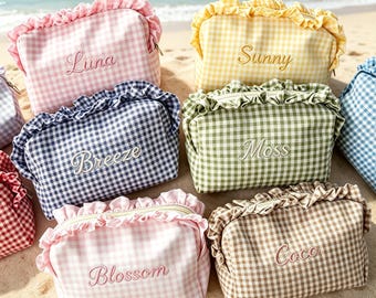 Bridesmaid Favor Personalized Makeup Bag: Korean Gingham Ruffle Cotton Custom Name Pouch for Wedding Gift