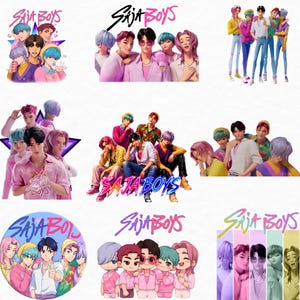 Può includere: Una collezione di immagini con il testo "SAJA BOYS" e varie illustrazioni di un gruppo di figure maschili stilizzate. Le immagini mostrano il gruppo in diverse pose e stili, con un focus sui colori vivaci e l'estetica moderna.