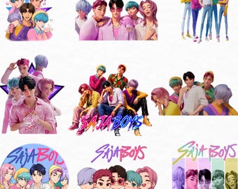 Saja Boys K-Pop Anime PNG-klistermärkespaket – 9 livfulla pojkband-cliparts (digital nedladdning)