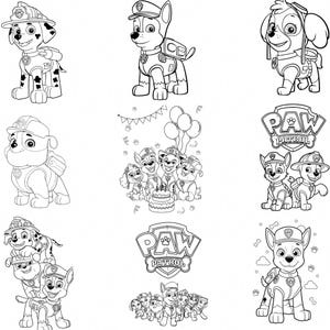 Op de afbeelding: Zwart-wit illustraties van personages uit de animatieserie Paw Patrol. De afbeeldingen bevatten individuele pups, groepsfoto's en het Paw Patrol-logo, allemaal in een kleurboekstijl.