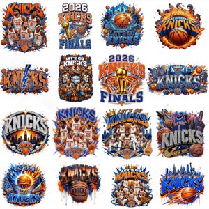 May include: A collection of sixteen graphic designs featuring the New York Knicks basketball team. The images include basketball players, the team logo, basketballs, hoops, trophies, city skylines, and the text Let's Go Knicks and 2026 Finals.
