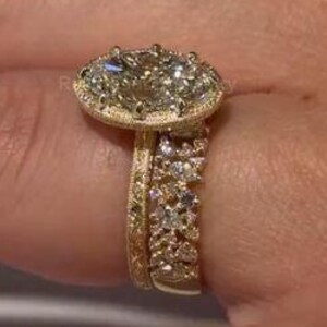 3 CT Oval Moissanite Engagement Ring Set, Engraving Ring, Yellow Gold Bridal Set, Diamond Wedding Band, Vintage Promise Ring Gift