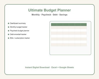 Budget Planner Spreadsheet Google Sheets Excel | Paycheck Budget, Debt Snowball, Bills Tracker