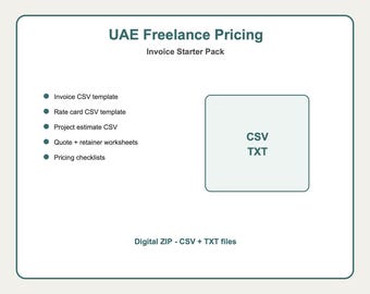UAE Freelance Invoice Template Pack | Rate Card, Quote Checklist, Project Estimate, Retainer Worksheet