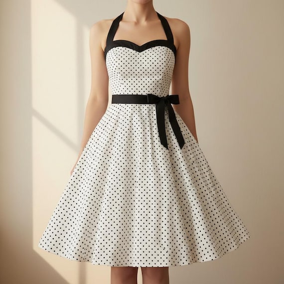 retro halter neck dress Vintage Polka-dot Halter-neck Dress: Lightweight Fabric, Style, Casual Summer Outfit for Women audrey hepburn retro vintage black dress