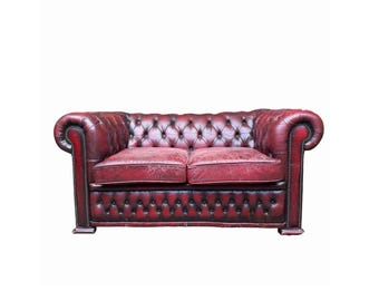 Vintage Oxblood Leather 2 Seater Chesterfield Style Button Backed Sofa