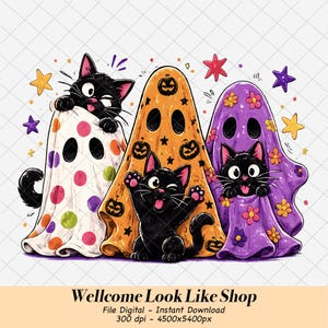 May include: A digital illustration featuring three black cats wearing ghost costumes. One cat wears a white sheet with colorful polka dots, one wears an orange sheet with jack-o'-lanterns, and one wears a purple sheet with floral patterns.