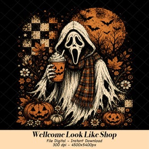 May include: A graphic illustration featuring a hooded figure with a ghost mask wearing a plaid scarf and holding a pumpkin-faced cup. The scene includes jack-o'-lanterns, autumn leaves, flowers, and a large orange moon with bats. Text reads: Wellcome Look Like Shop.