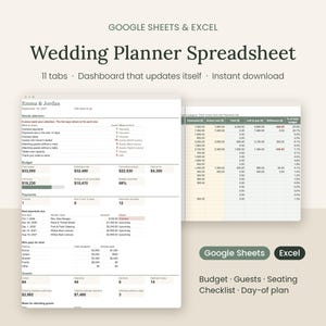 Wedding Planner Spreadsheet, Google Sheets & Excel Wedding Budget Tracker, Guest List, Seating Chart, Checklist, Day-of Timeline