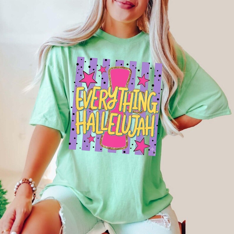 Everything Hallelujah PNG featuring a retro brushstroke design with colorful summer-inspired elements and Christian faith typography. Religious sublimation graphic with inspirational Jesus message, vintage aesthetic, mama-themed artwork, and uplifting catchphrase. Perfect for Christian shirts, faith-based apparel, tumblers, stickers, DIY crafts, print-on-demand products, and summer church events. High-quality digital download PNG with transparent background for sublimation and creative projects.
