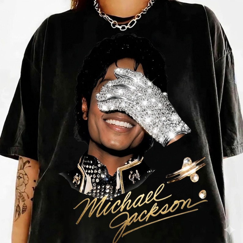 Vintage 90s Michael Jackson graphic featuring the iconic sequined glove, retro concert-style artwork, PNG digital design for t-shirts, apparel, and print-on-demand products.