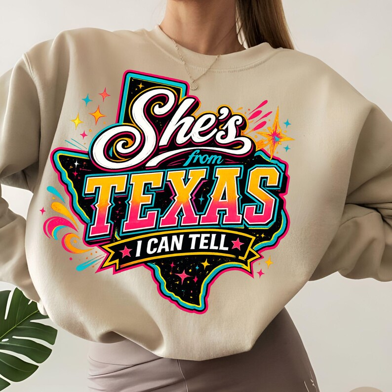 She's From Texas I Can Tell PNG design featuring trendy western elements, cowgirl aesthetic, Texas-inspired typography, rustic country style, retro western graphics, sublimation design with transparent background for t-shirts, tumblers, mugs, tote bags, stickers, and digital crafting projects.