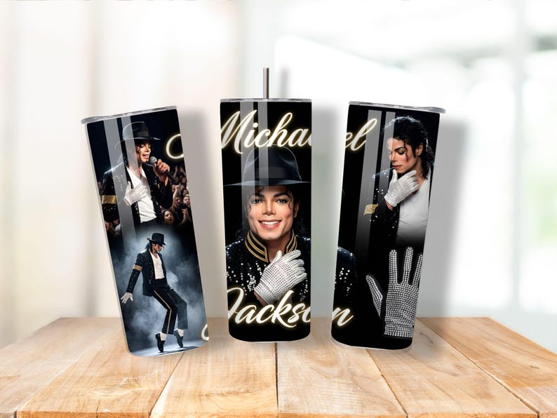Retro Michael Jackson inspired tumbler design featuring vintage 80s pop music graphics, bold typography, and King of Pop aesthetic. High-quality PNG sublimation artwork perfect for custom tumblers, mugs, drinkware, and music-themed gifts.