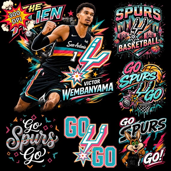 Go Spurs Go PNG, Victor Wembanyama Basketball Design, San Antonio Spurs Graphic, Vintage 90s Neon Halftone, Streetwear Fan Shirt