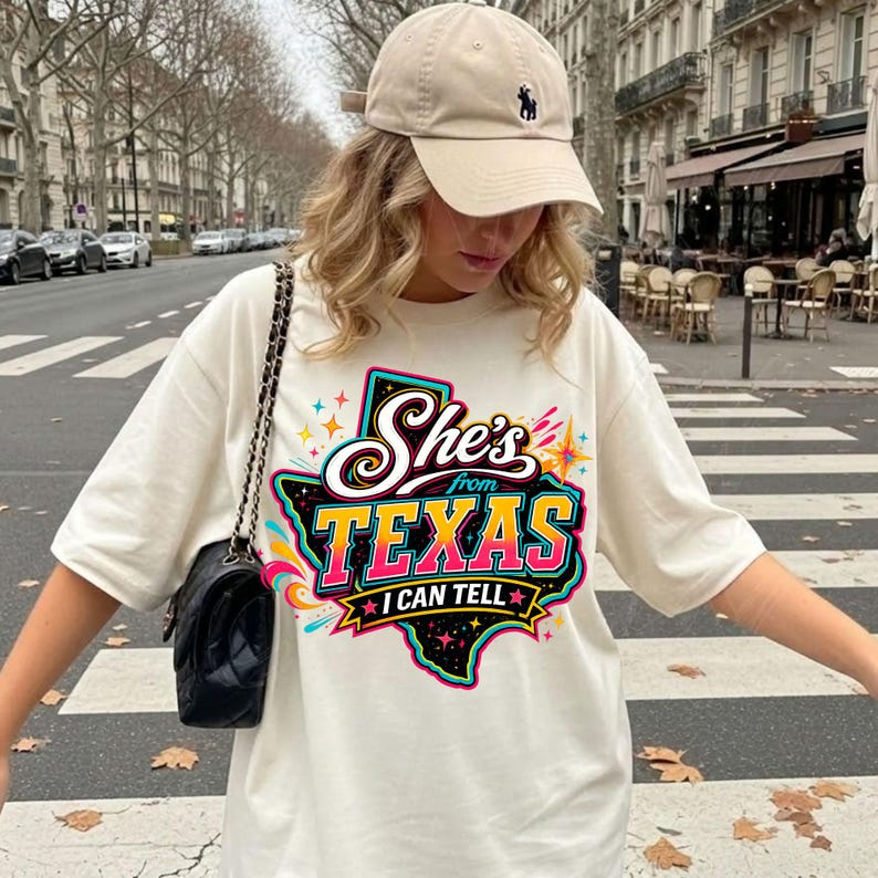 She's From Texas I Can Tell PNG design featuring trendy western elements, cowgirl aesthetic, Texas-inspired typography, rustic country style, retro western graphics, sublimation design with transparent background for t-shirts, tumblers, mugs, tote bags, stickers, and digital crafting projects.