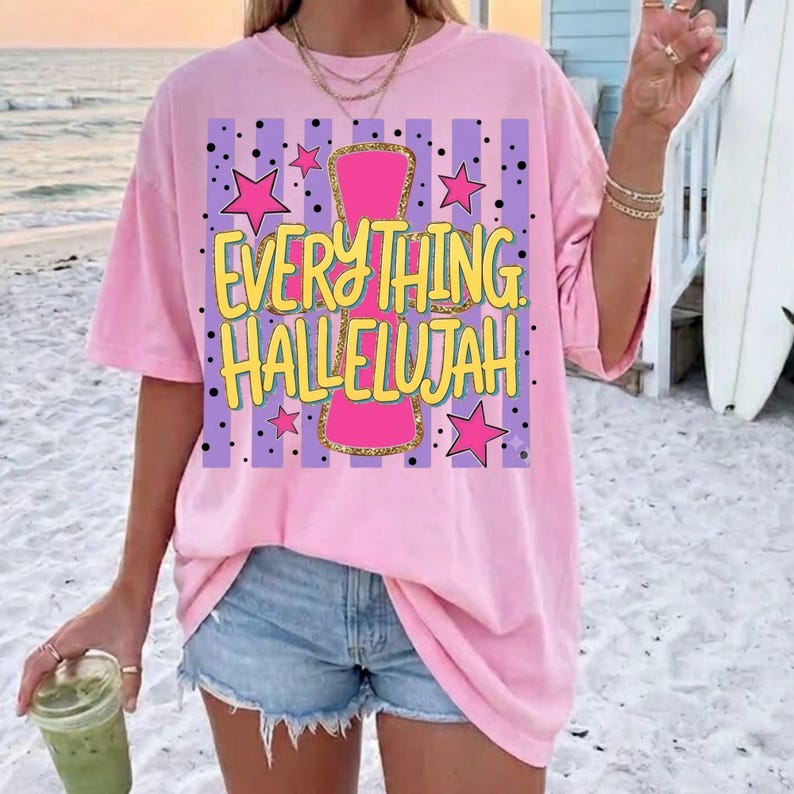 Everything Hallelujah PNG featuring a retro brushstroke design with colorful summer-inspired elements and Christian faith typography. Religious sublimation graphic with inspirational Jesus message, vintage aesthetic, mama-themed artwork, and uplifting catchphrase. Perfect for Christian shirts, faith-based apparel, tumblers, stickers, DIY crafts, print-on-demand products, and summer church events. High-quality digital download PNG with transparent background for sublimation and creative projects.