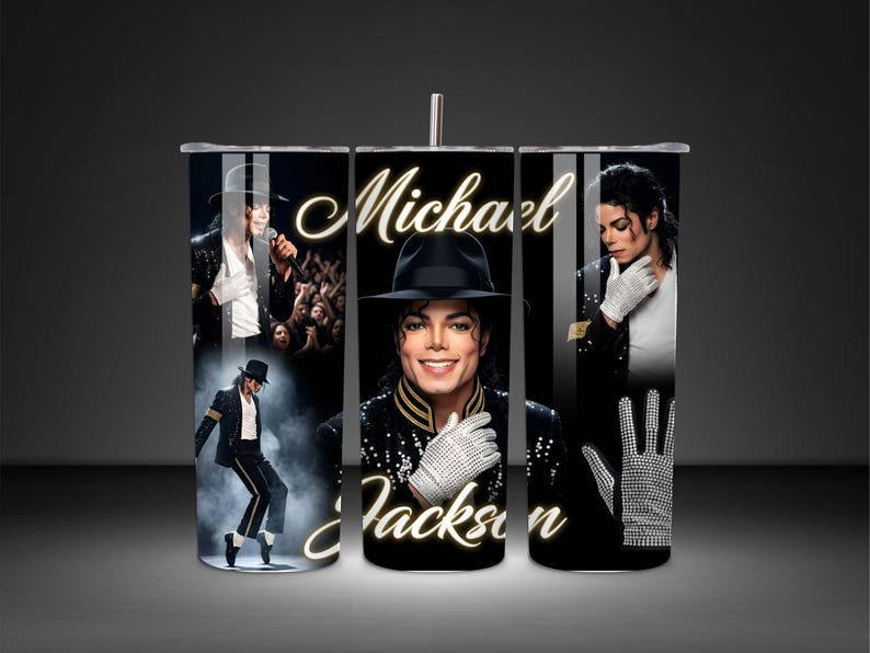 Retro Michael Jackson inspired tumbler design featuring vintage 80s pop music graphics, bold typography, and King of Pop aesthetic. High-quality PNG sublimation artwork perfect for custom tumblers, mugs, drinkware, and music-themed gifts.