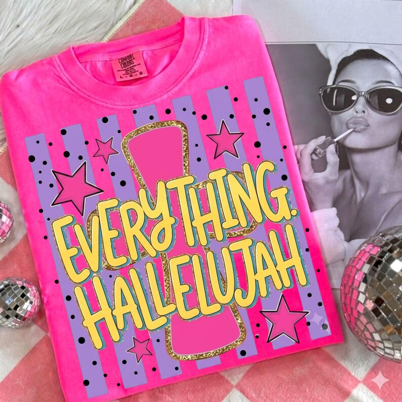 Everything Hallelujah PNG featuring a retro brushstroke design with colorful summer-inspired elements and Christian faith typography. Religious sublimation graphic with inspirational Jesus message, vintage aesthetic, mama-themed artwork, and uplifting catchphrase. Perfect for Christian shirts, faith-based apparel, tumblers, stickers, DIY crafts, print-on-demand products, and summer church events. High-quality digital download PNG with transparent background for sublimation and creative projects.