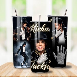 Retro Michael Jackson inspired tumbler design featuring vintage 80s pop music graphics, bold typography, and King of Pop aesthetic. High-quality PNG sublimation artwork perfect for custom tumblers, mugs, drinkware, and music-themed gifts.