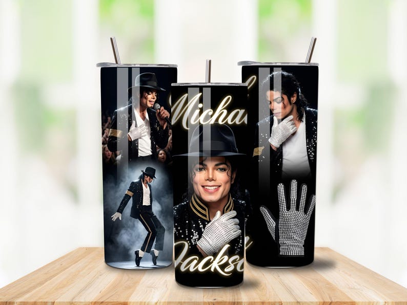 Retro Michael Jackson inspired tumbler design featuring vintage 80s pop music graphics, bold typography, and King of Pop aesthetic. High-quality PNG sublimation artwork perfect for custom tumblers, mugs, drinkware, and music-themed gifts.