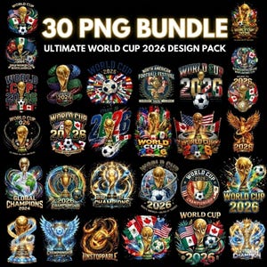 Könnte beinhalten: Eine digitale Sammlung von 30 PNG-Grafikdesigns zum Thema World Cup 2026. Die Bilder zeigen verschiedene Illustrationen goldener Trophäen, Fußbälle, Nationalflaggen und Textelemente wie World Cup 2026 und Ultimate World Cup 2026.