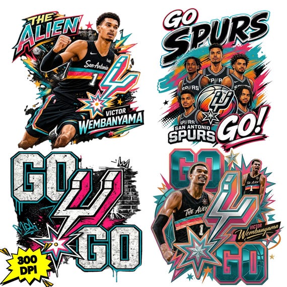 Go Spurs Go PNG, Victor Wembanyama Basketball Design, San Antonio Spurs Graphic, Vintage 90s Neon Halftone, Streetwear Fan Shirt