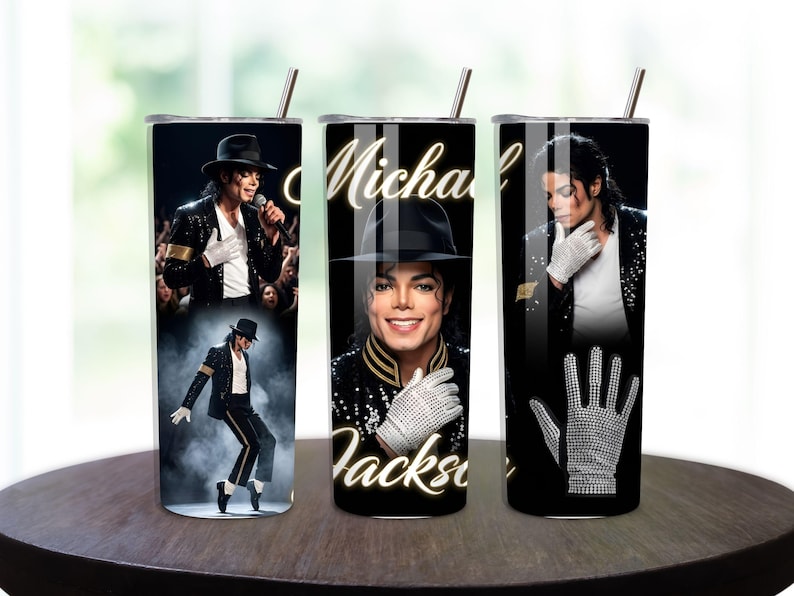 Retro Michael Jackson inspired tumbler design featuring vintage 80s pop music graphics, bold typography, and King of Pop aesthetic. High-quality PNG sublimation artwork perfect for custom tumblers, mugs, drinkware, and music-themed gifts.