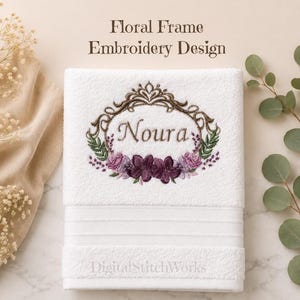 Design de bordado com moldura floral | Padrão de bordado à máquina elegante com moldura para nome | Borda com monograma personalizada | Download digital em PES