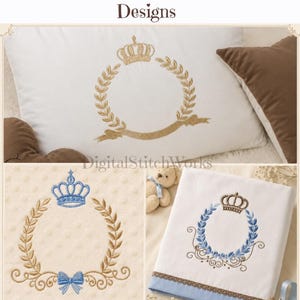 Peut inclure: Trois motifs de broderie royale avec des couronnes et des couronnes de laurier. Les motifs sont en fil d'or et bleu sur tissu blanc et crème. Le texte "3 Royal Embroidery Designs" est en haut.