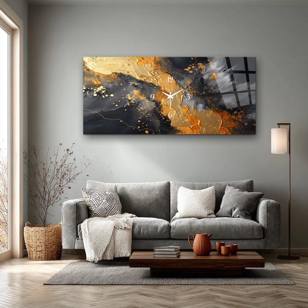 Absract Clocks Golden Splash Abstract Glass Wall Clock, Black Gray Textured Paint ...