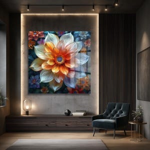 Könnte beinhalten: Ein quadratisches Wandbild mit einer großen, mehrschichtigen Blume, deren Blütenblätter von einer tiefen orangefarbenen Mitte zu blassweißen und blauen Rändern übergehen. Das Kunstwerk hängt an einer Betonwand über einem dunklen Holz-Medienboard.