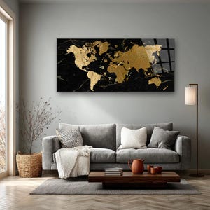 May include: A rectangular wall clock featuring a black marble background with a gold foil world map overlay. The clock face is integrated into the center of the map, displaying gold hour markers and thin gold hands for timekeeping.