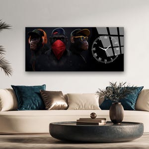 Three Monkeys Glass Wall Clock, Street Style Pop Art, Silent Game Room