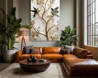 Gold Bird Wall Art, Round Pearl Branch White Decor