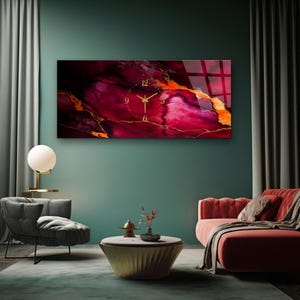 May include: A rectangular wall clock featuring a deep magenta and dark red abstract marble pattern with vibrant orange veins. The clock face has gold-colored hands and gold numerals at the 12, 3, 6, and 9 o'clock positions, with small dots marking the remaining hours.