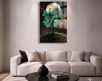 Glowing Tree Wall Art, Round Teal Moon Night Decor